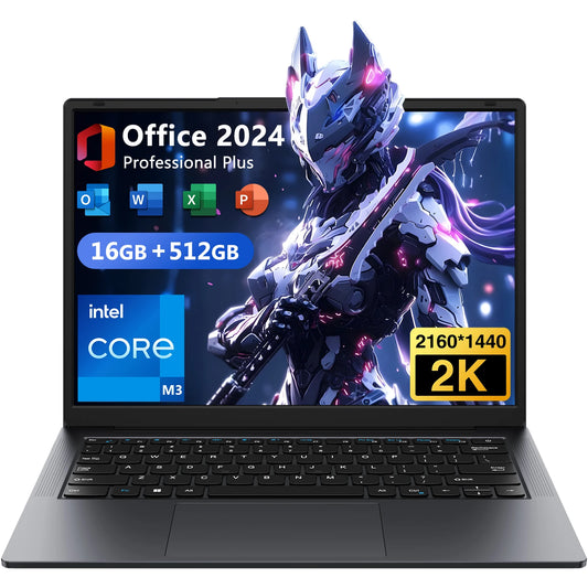 Windows 11 Pro Laptop with 14.1" 2K Screen, 16GB RAM, 512GB SSD, Intel Core Processor, Ultra-Thin and Light Notebook