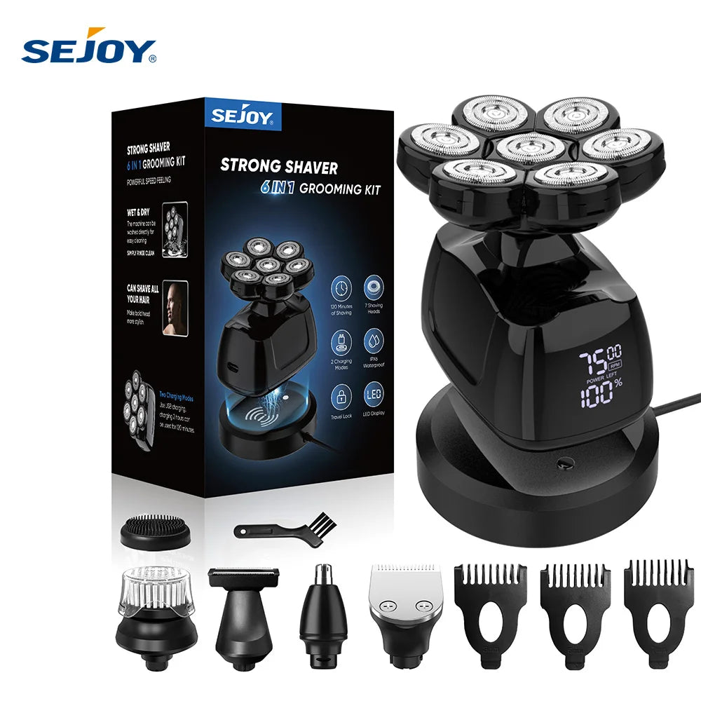 SEJOY Multifunctional 7D Head Shavers for Bald Men 6-in-1 Electric Razor with Nose Hair Trimmer Waterproof Mens Grooming Kit