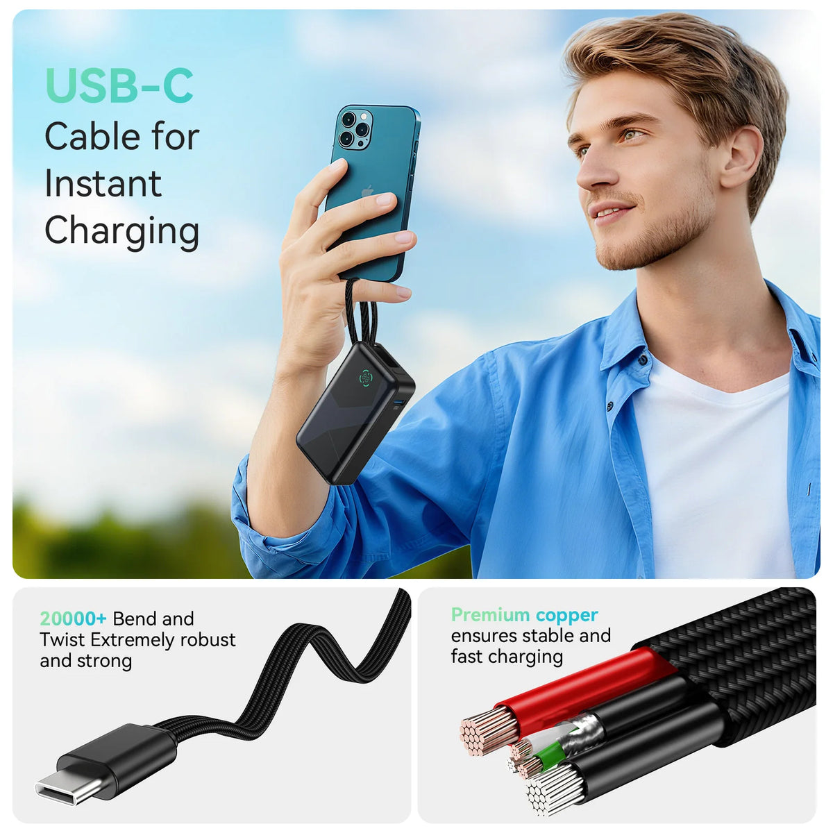 Power Bank 10000mAh PD30W/20000mAh PD45W Fast Charging Portable Charger with Built-in USB-C Cable for iPhone Samsung Ipad