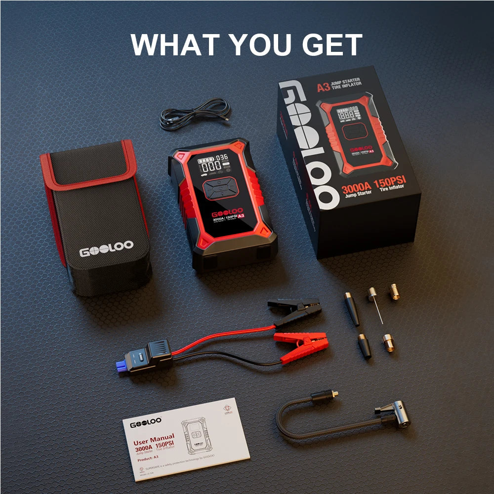 GOOLOO A3 Jump Starter with Air Compressor, 3000A Portable Car Battery Booster (9.0 Gas/6.5L Diesel) with 150PSI Auto-Shutoff Ti