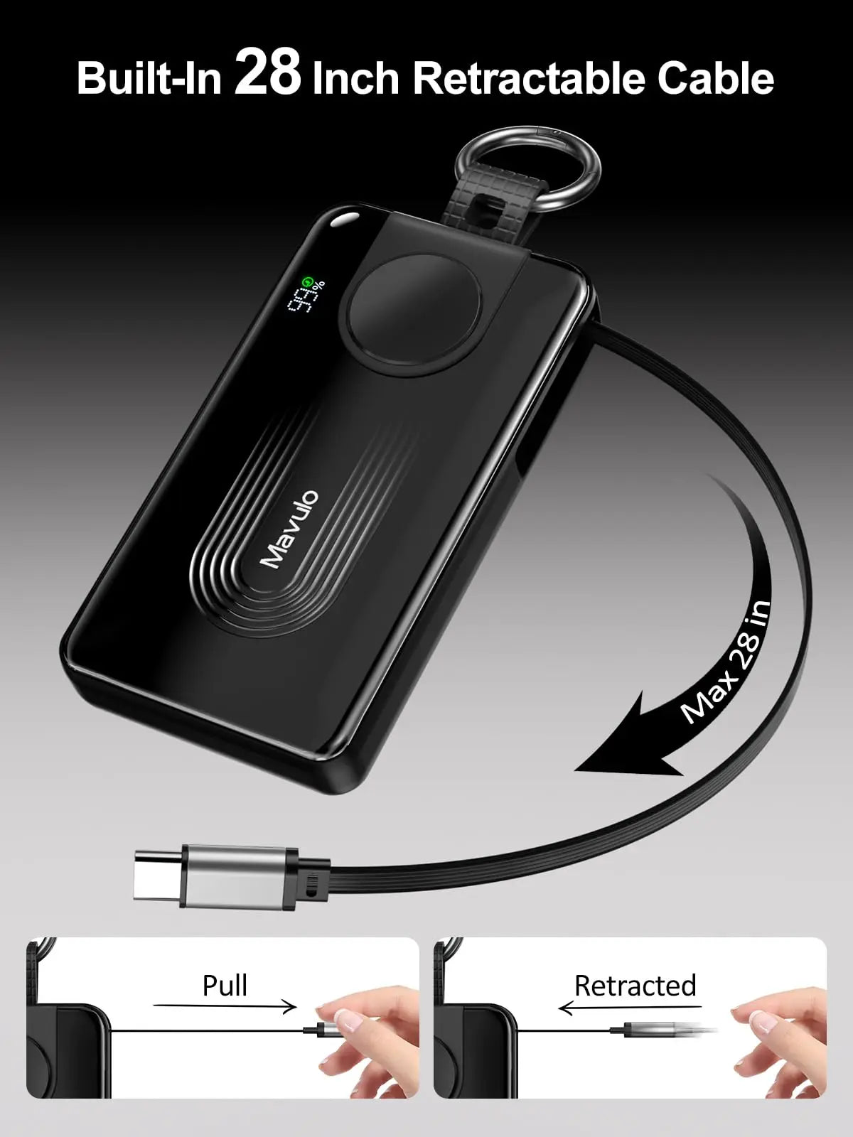 10000mAh Portable Charger for Samsung Galaxy Watch 6/6 Classic/5 Pro/4/3 Active 2/1 Power Bank 20W Fast Charging Retractable USB-C Cable Keychain Design LED display Travel Essentials Battery Pack for iPhone 15-17 Series