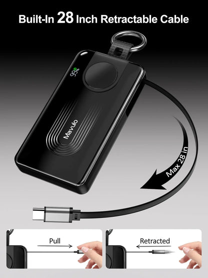 10000mAh Portable Charger for Samsung Galaxy Watch 6/6 Classic/5 Pro/4/3 Active 2/1 Power Bank 20W Fast Charging Retractable USB-C Cable Keychain Design LED display Travel Essentials Battery Pack for iPhone 15-17 Series