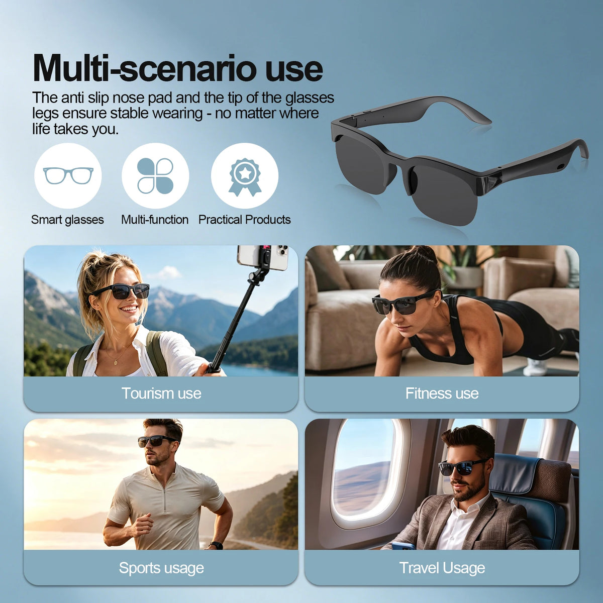 Bluetooth Smart Audio Glasses, Wireless Open-Ear Sunglasses with Built-In Speakers and Microphone, Hands-Free Music & Phone Calls, Portable Sports Eyewear for Running, Cycling, Gym, Cooking, Driving, Travel, Work, iPhone Andr