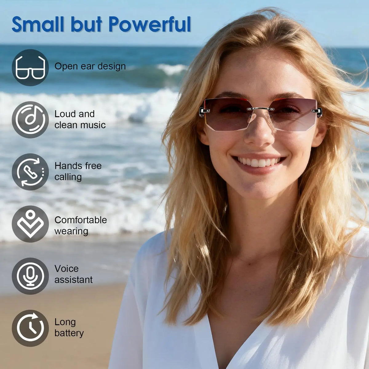 Stylish Bluetooth Sunglasses, Couples' Sunglasses, Photochromic Lenses, Open-Ear Design, Built-In Speakers, Clear Sound Quality, Wireless Calls, Smart Touch Controls, Answer/End Calls, Listen to Music, One-Touch Photo Capture