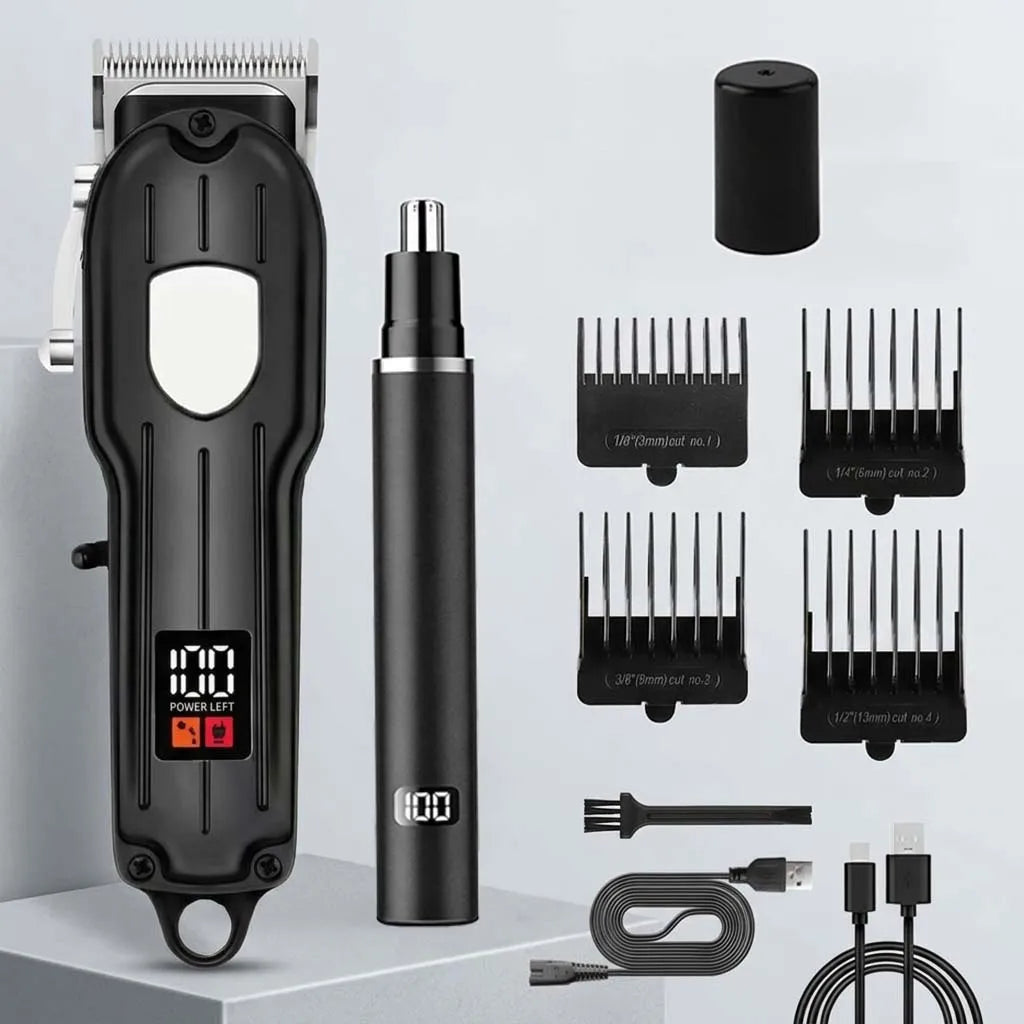 Professional Cordless Hair Clipper Set with LCD Display, Rechargeable Electric Trimmer for Men, Beard & Nose Hair Trimmer All-in-One Grooming Kit , Barber Tools with Combs & Scissors - Perfect Gift for Him