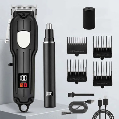 Professional Cordless Hair Clipper Set with LCD Display, Rechargeable Electric Trimmer for Men, Beard & Nose Hair Trimmer All-in-One Grooming Kit , Barber Tools with Combs & Scissors - Perfect Gift for Him