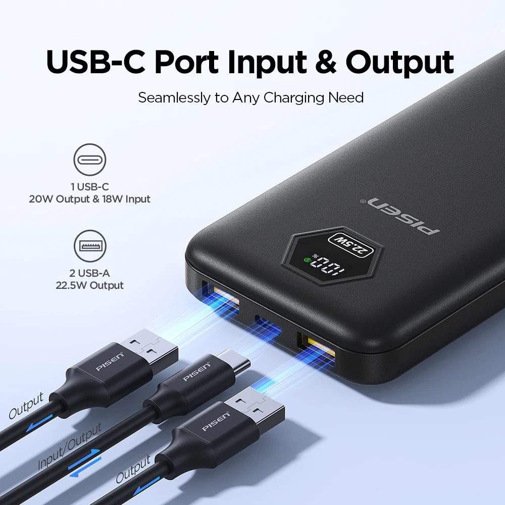 PISEN 10000mAh Fast Charging Power Bank PD 20W SCP 22.5W Lightweight Charger USB C External Battery for iPhone Xiaomi Huawei
