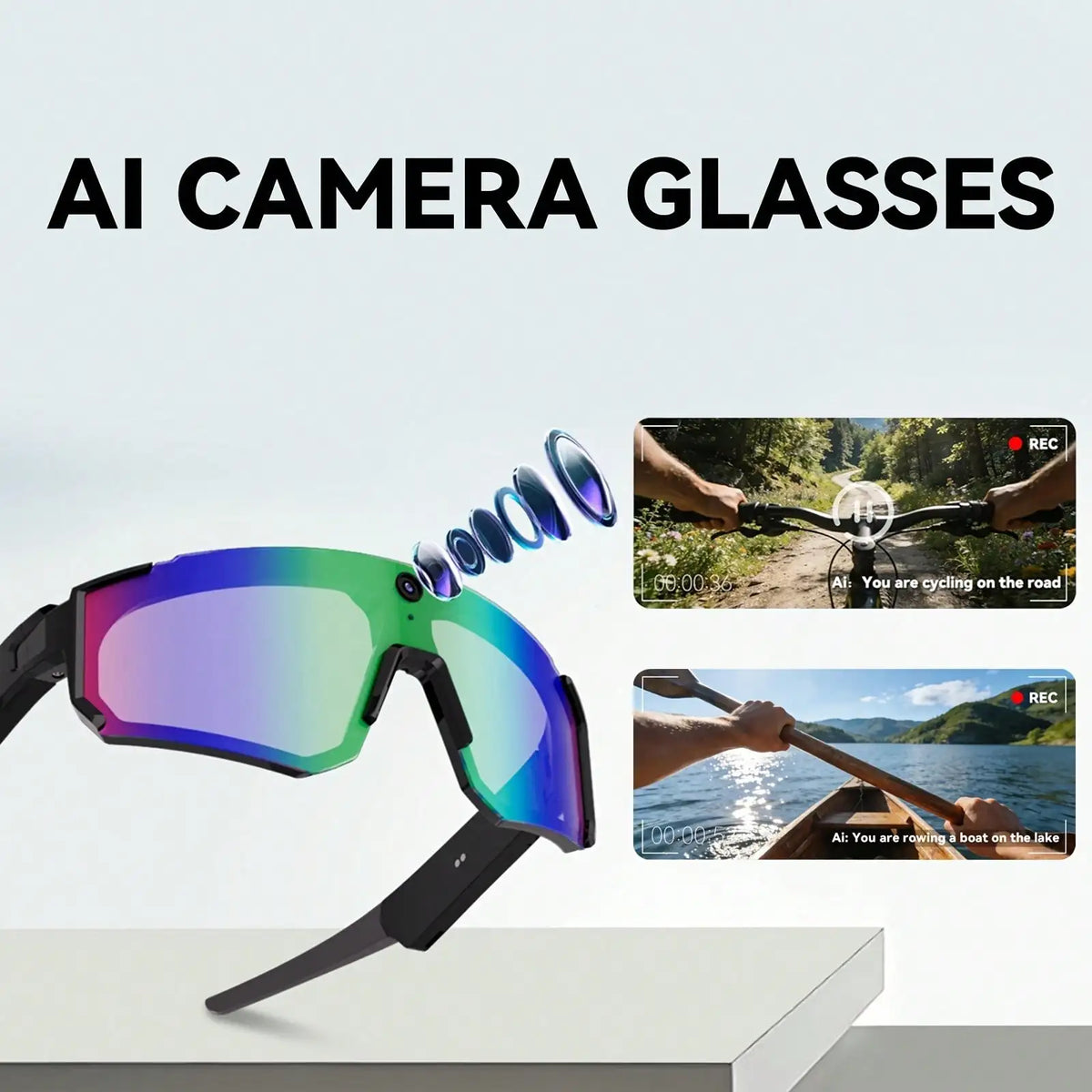 AI Camera Smart Sports Sunglasses, Open-Ear 360° Surround Sound Bluetooth Audio Glasses with Voice Control & Polarized UV Protection for Cycling Fishing