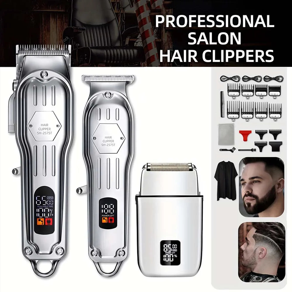 Professional Hair Clipper & Trimmer Set for Men – 3-in-1 /2-in-1/1pc Electric Beard Shaver, Haircut Machine with LCD Display, USB Rechargeable, Multiple Guide Combs, Barber Kit for Home & Salon Use