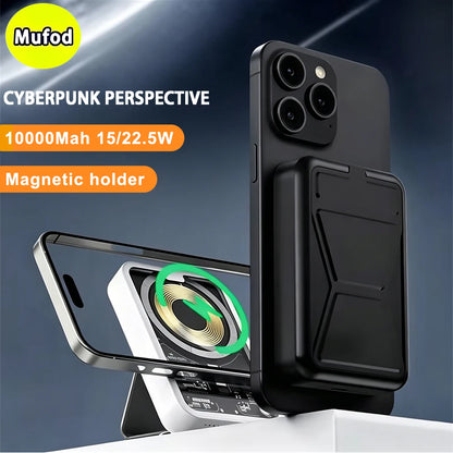 Clear Circuit Board Magnetic Power Bank Qi2 15W Wireless Charging 20W Portable Wired Charge 10000mAh Large Capacity PD 22.5W Type C Cable Bidirectional Fast Charging Phone Holder Powerbank For Iphone 17 16 15 Pro Max Magsafe