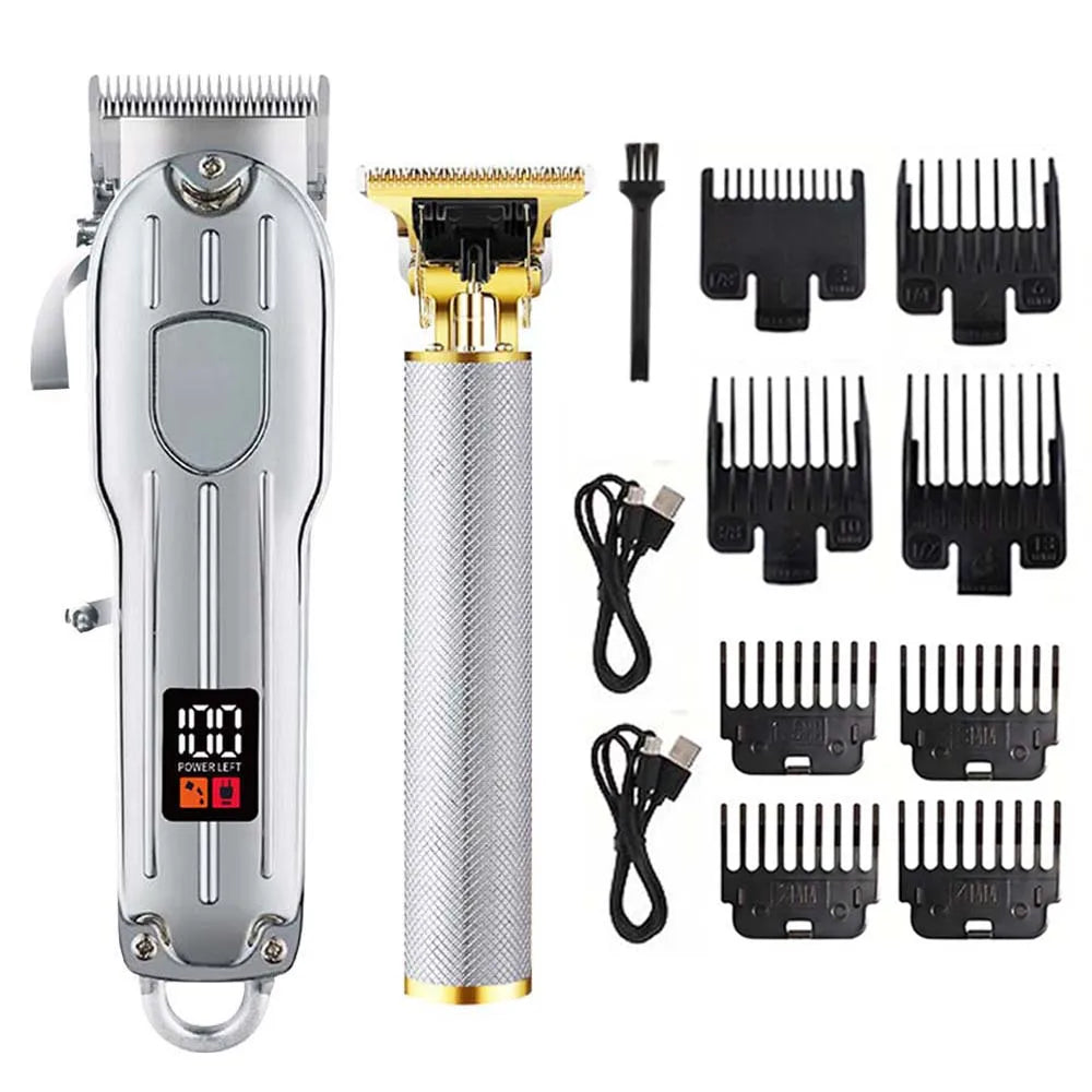 Professional Electric Hair Clipper Set with LED Display, USB Rechargeable Beard Trimmer & Foil Shaver for Men – Includes Guards, Scissors, Comb & Cape