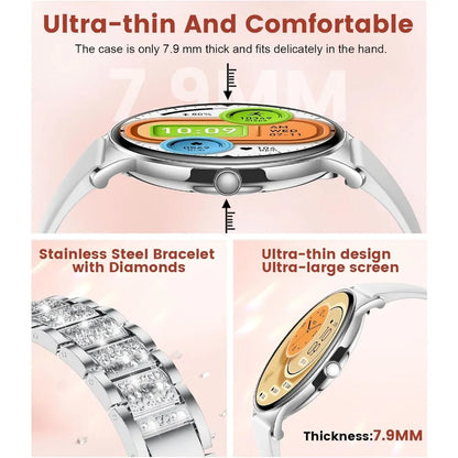 Ultra-Thin 1.43" Display Smart Watch for Women with Bluetooth Connectivity, Health Tracking, & Sports Modes - 2 Straps (Silver)