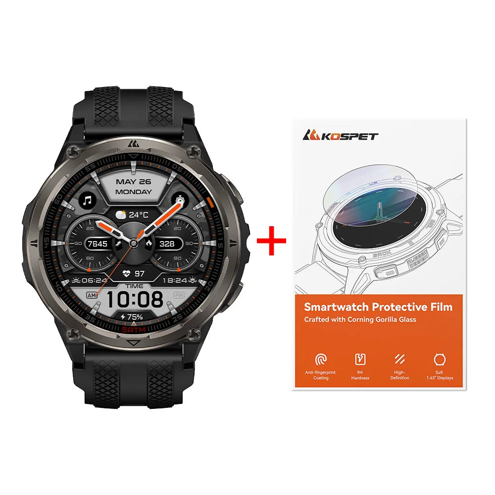 KOSPET ORB 2 Rugged Smartwatch for Men Dual Band GPS L1+L5 AMOLED 1.43" Military Watch 5ATM IP69 LED Flashlight 170+ Sports