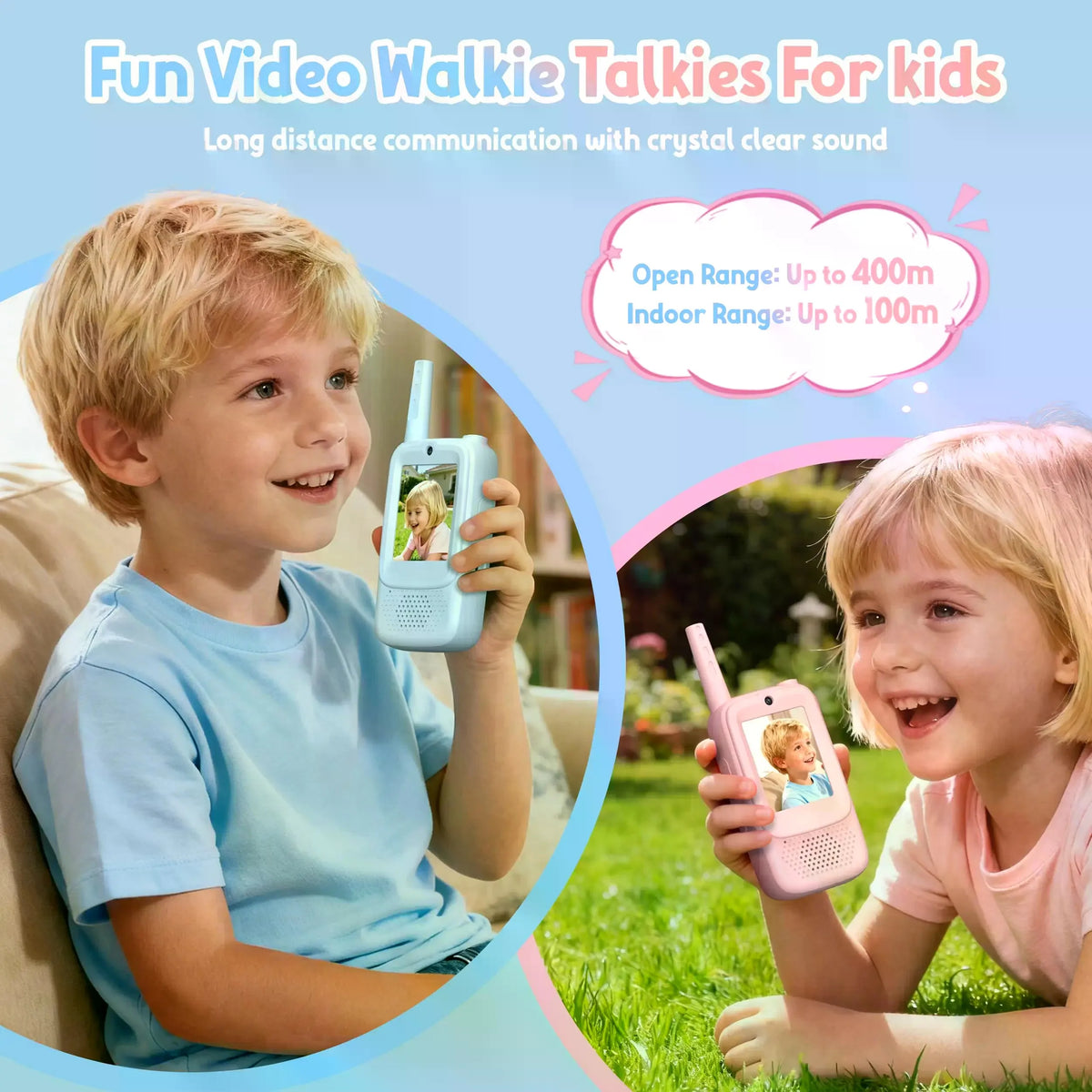 Rush Deer Video Walkie Talkies for Kids, 2 Pack Rechargeable Video Intercom Kids Walkies Talkies with HD Camera & Voice, Indoor Outdoor Games,Camping, Hiking for Boys Girls 3-14,Blue/Pink
