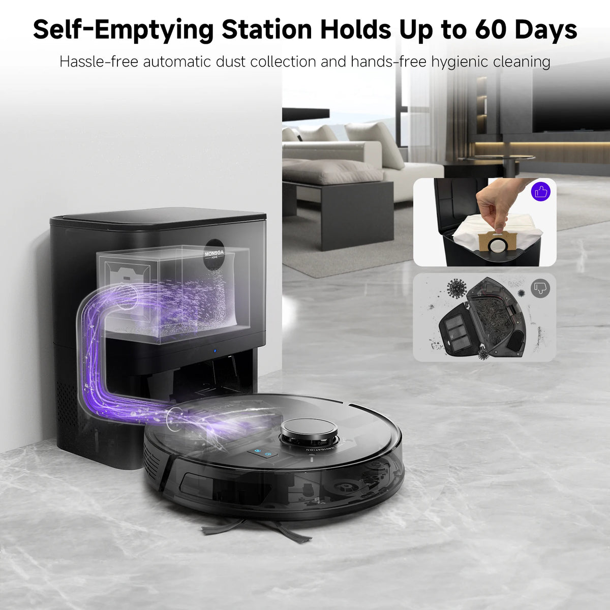 Refurbished MONSGA By Erabros MS1 MAX Robot Vacuum and Mop Combo, 6000Pa Strong Suction, 3.5L Self-Emptying Station, LDS Navigation Smart Mapping, 180 Mins Runtime, App/Voice/Remote Control, for Pet Hair Hard Floors Carpets (
