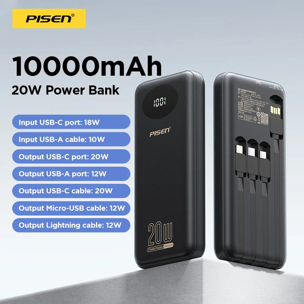 PISEN Power Bank 10000mAh 20W Fast Charging Powerbank With 4 Built-in Cables Smart LED Display For iPhone Samsung Xiaomi iPad Huawei