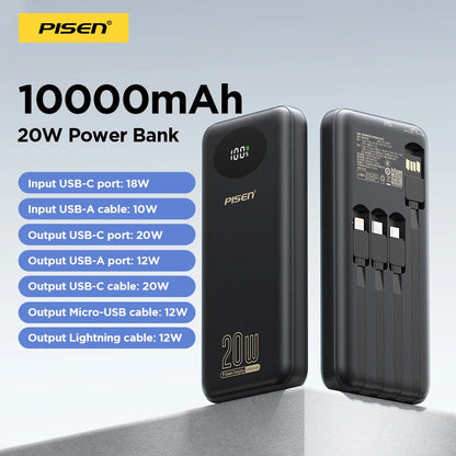 PISEN Power Bank 10000mAh 20W Fast Charging Powerbank With 4 Built-in Cables Smart LED Display For iPhone Samsung Xiaomi iPad Huawei