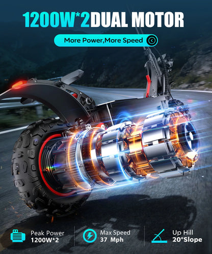 FREEBOY H6 Dual Motor Off-Road Electric Scooter - 2400W (1200W X2) Power, 60km/h Max Speed, 55km Long Range, 48V 21Ah Battery, 11-inch Pneumatic Tires, Front & Rear Dual Suspension & Disc Brakes