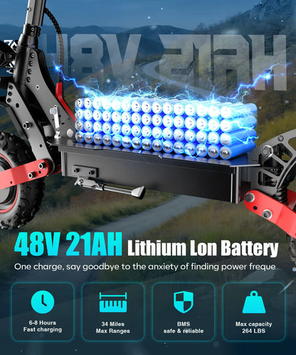 FREEBOY H6 Dual Motor Off-Road Electric Scooter - 2400W (1200W X2) Power, 60km/h Max Speed, 55km Long Range, 48V 21Ah Battery, 11-inch Pneumatic Tires, Front & Rear Dual Suspension & Disc Brakes