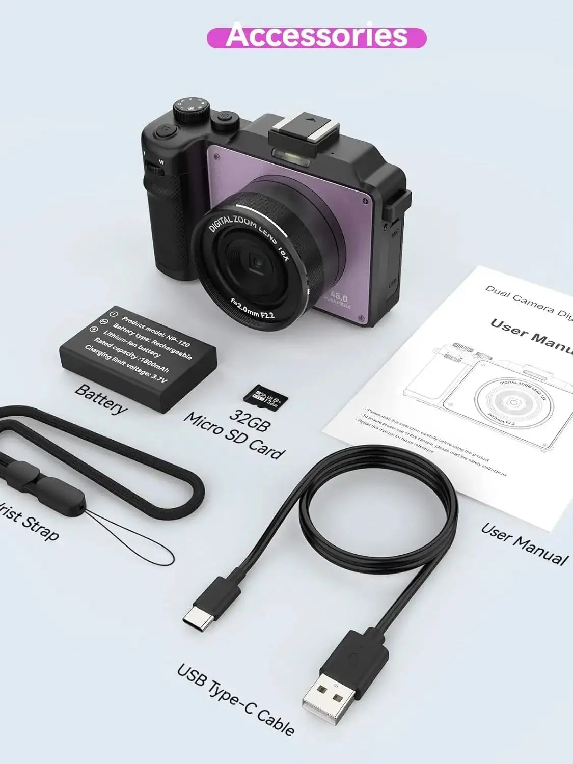 48MP Camera for Photography,4K Digital Camera for Kids and Adults with Front and Rear Dual Cameras,18X Digital Zoom,Built-in 7 C