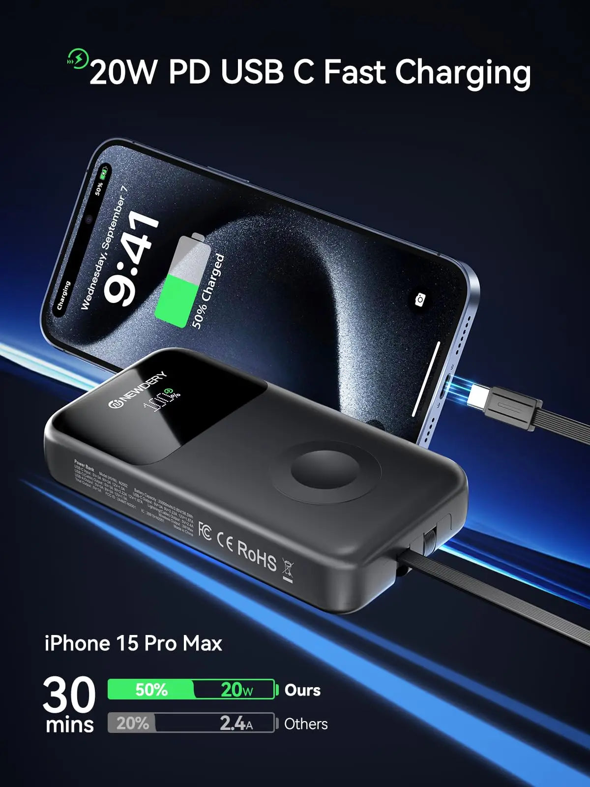 NEWDERY Portable Charger 10000mAh Power Bank for Apple Watch 20W Fast Charging Built-in USB-C Cable Battery Pack for Apple Watch, iPhone 17 16 15 14 13, Samsung etc