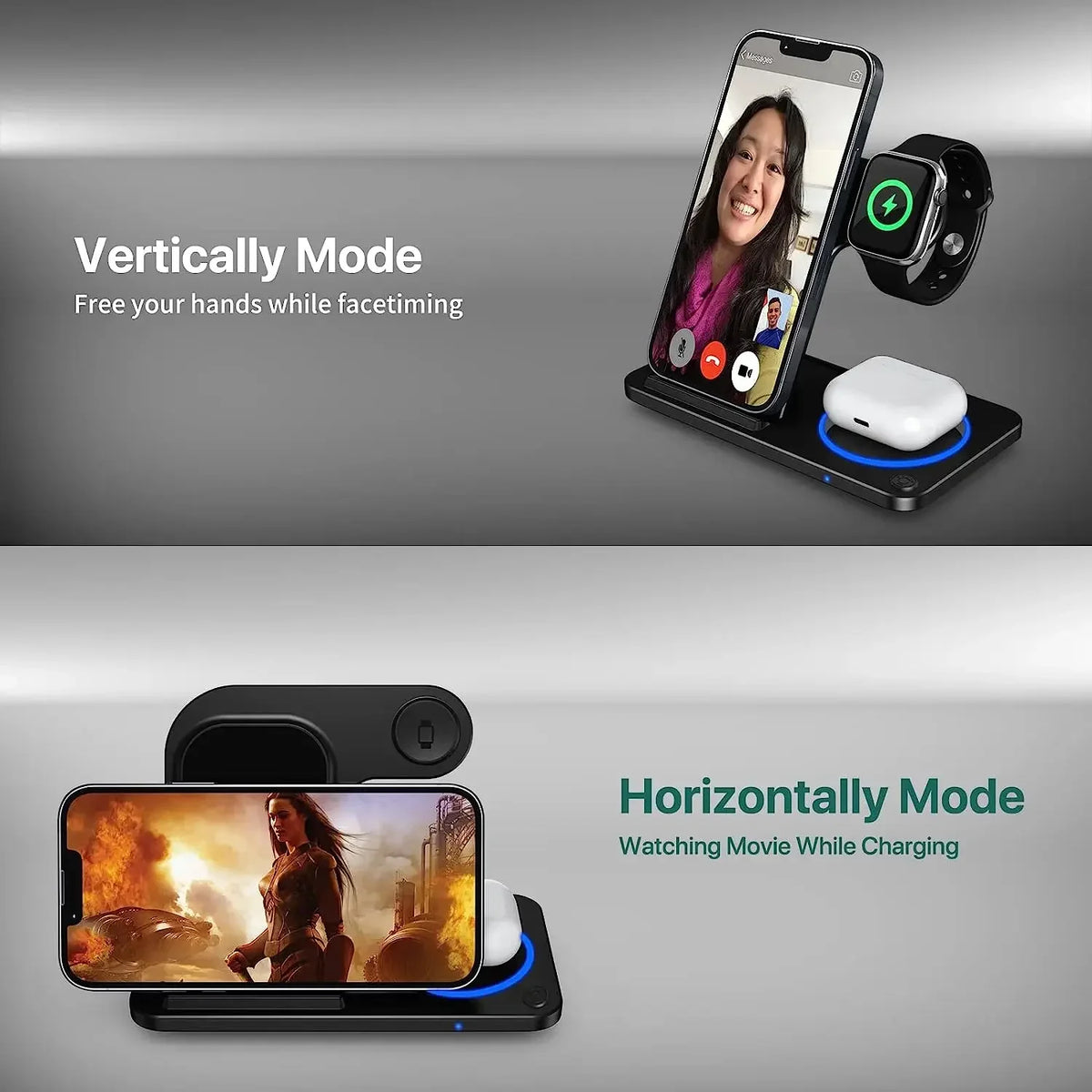 30W 3 in 1 Fast Wireless Charger Stand Foldable Wireless Charging for IPhone 15 14 13 12 11 Apple Watch 9 8 7 6 5 Airpods Pro