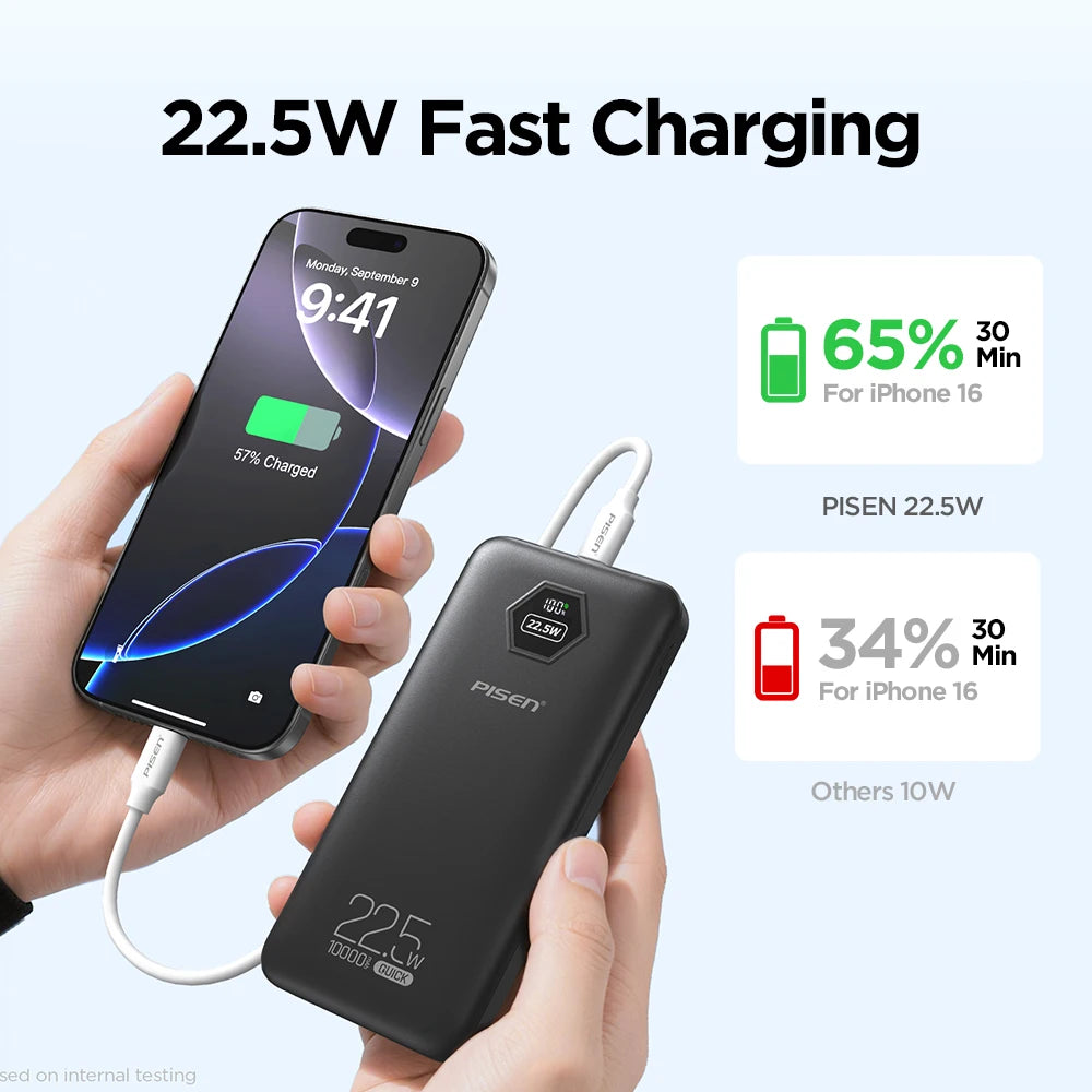 PISEN 10000mAh Fast Charging Power Bank PD 20W SCP 22.5W Lightweight Charger USB C External Battery for iPhone Xiaomi Huawei