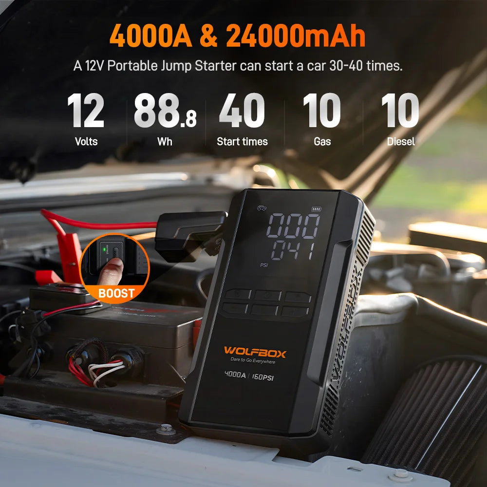 WOLFBOX JS24AIR 4000A Jump Starter 160PSI Air Compressor 12V Car Battery Booster, 88.8Wh Portable Jump Box (10L Gas/10L Diesel)  Tire Inflator LED Light