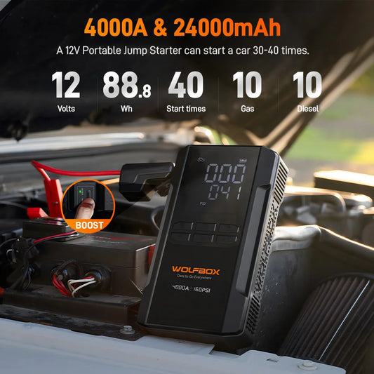 WOLFBOX JS24AIR 4000A Jump Starter 160PSI Air Compressor 12V Car Battery Booster, 88.8Wh Portable Jump Box (10L Gas/10L Diesel)  Tire Inflator LED Light