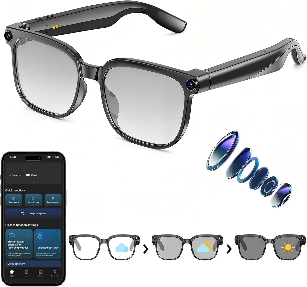 Ai Smart Glasses With 8Mp Camera, 1080P Anti‑Shake Video Recording, Real‑Time Translation, Ai Voice Assistant & Object Recognition, Photochromic Bluetooth Sunglasses For Men And Women