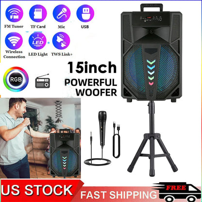 3000W Portable Bluetooth Speaker 15' Subwoofer W/Stand Sound System Wireless Rechargeable Boombox Party Speaker