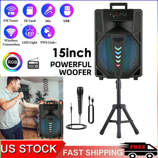 3000W Portable Bluetooth Speaker 15' Subwoofer W/Stand Sound System Wireless Rechargeable Boombox Party Speaker