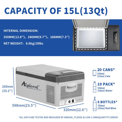 Alpicool C15 Portable Car Freezer,12 Volt Refrigerator, 16 Quart (15 Liter) Fast Cooling 12V Car Fridge -4℉~68℉, Car Cooler
