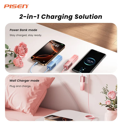PISEN GlamVolt 5000mAh 30W Power Bank with Built-in USB-C Cable, 2-in-1 Wall Charger & Battery Pack, Fast Charging Travel Essential for iPhone 17/16/15, Samsung Galaxy S24/S23, Pixel 8/7 and More