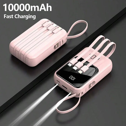 10000mAh Power Bank, Portable Charger with Built-in 4 Cables & LED Flashlight, PD22.5W Fast Charging USB-C Battery Pack, Universal Portable Power for Smartphones, Camping Travel Outdoor Essentials