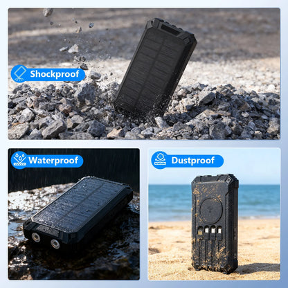 20000mAh Portable Solar Power Bank Dual LED Lights 4 Built-in Cables Fast Charging for iPhone Android Phones AirPods