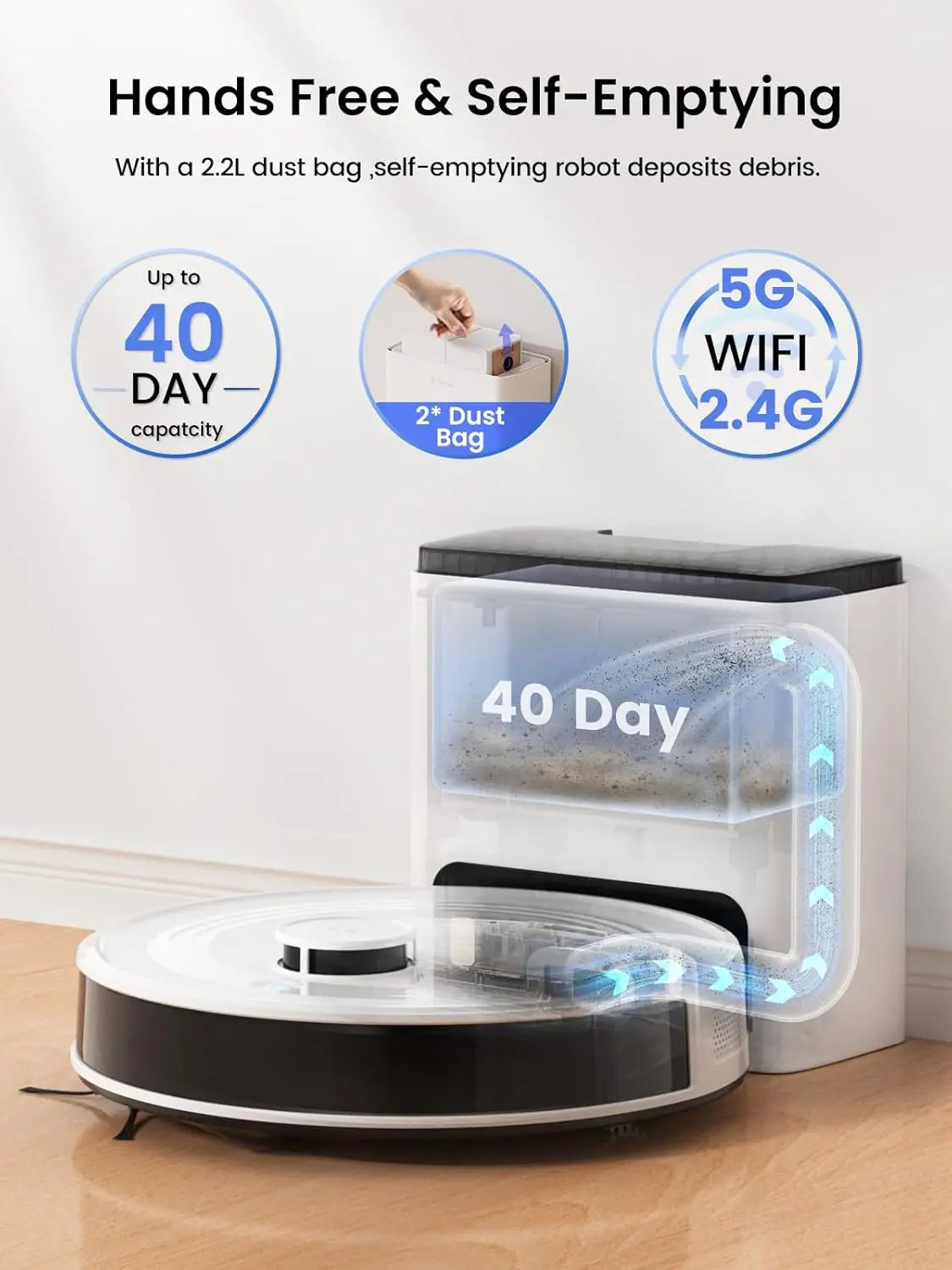 Lefant   M2L Plus Robot Vacuum and Mop, 40-Day Self-Emptying, 6000Pa Strong Suction, Customized Cleaning, Multi-Floor Mapping, 130 Min Runtime, 2.4G/5G WiFi/Alexa/APP/iWatch