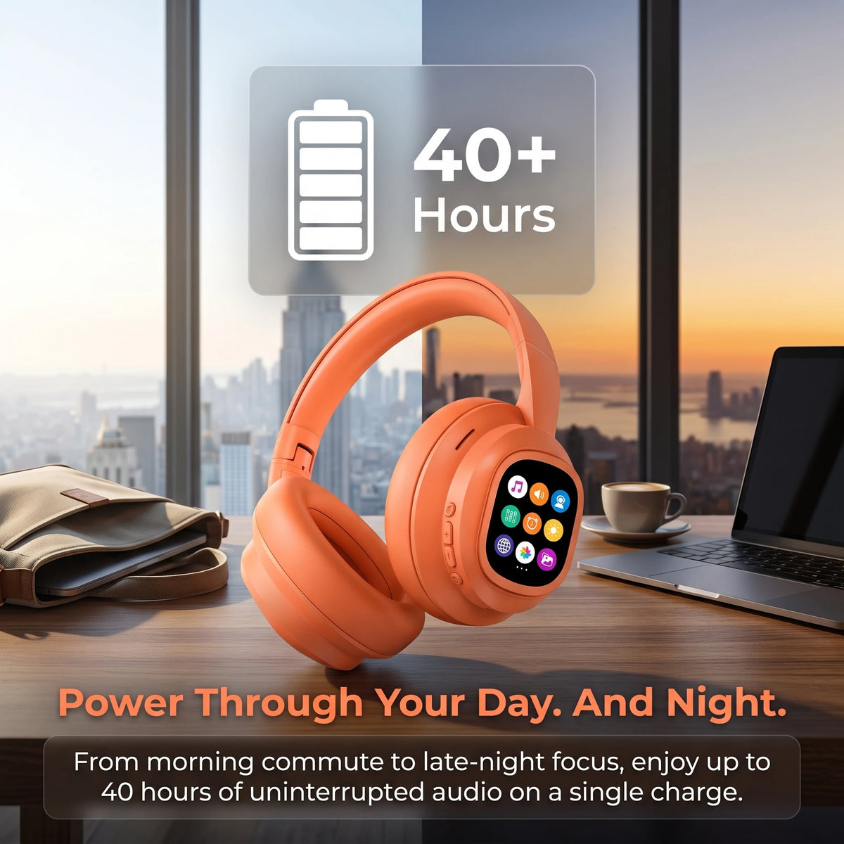 Over‑Ear Bluetooth Headphones with Detachable Magnetic Touch Screen, Wireless Headset, Noise Cancelling, Hi‑Fi Stereo Sound, Foldable Headphone for Phone, PC