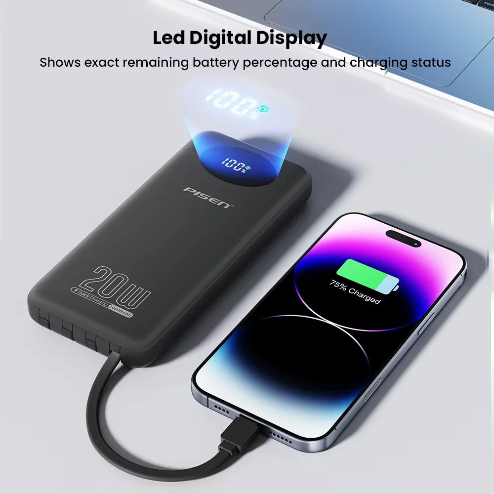 PISEN Power Bank 10000mAh 20W Fast Charging Powerbank With 4 Built-in Cables Smart LED Display For iPhone Samsung Xiaomi iPad Huawei