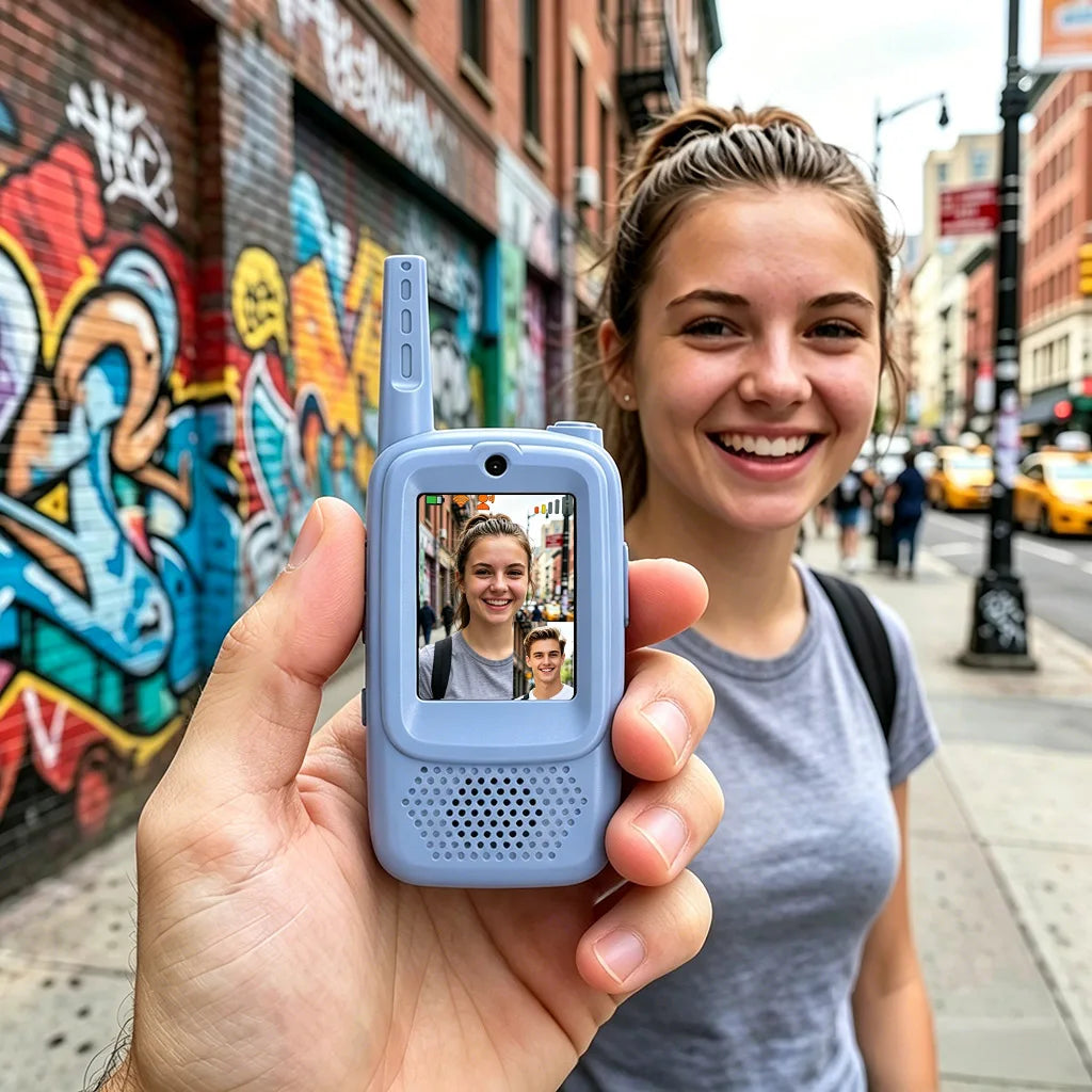 FUNNY PANDA Video Walkie Talkie with 4 Funny Voice Effects, No WiFi Needed, Long Range 600FT Outdoor, HD Camera, USB C Charging, 650mAh Battery, Auto Pair, Channel Lock - Perfect Gift for Explorers