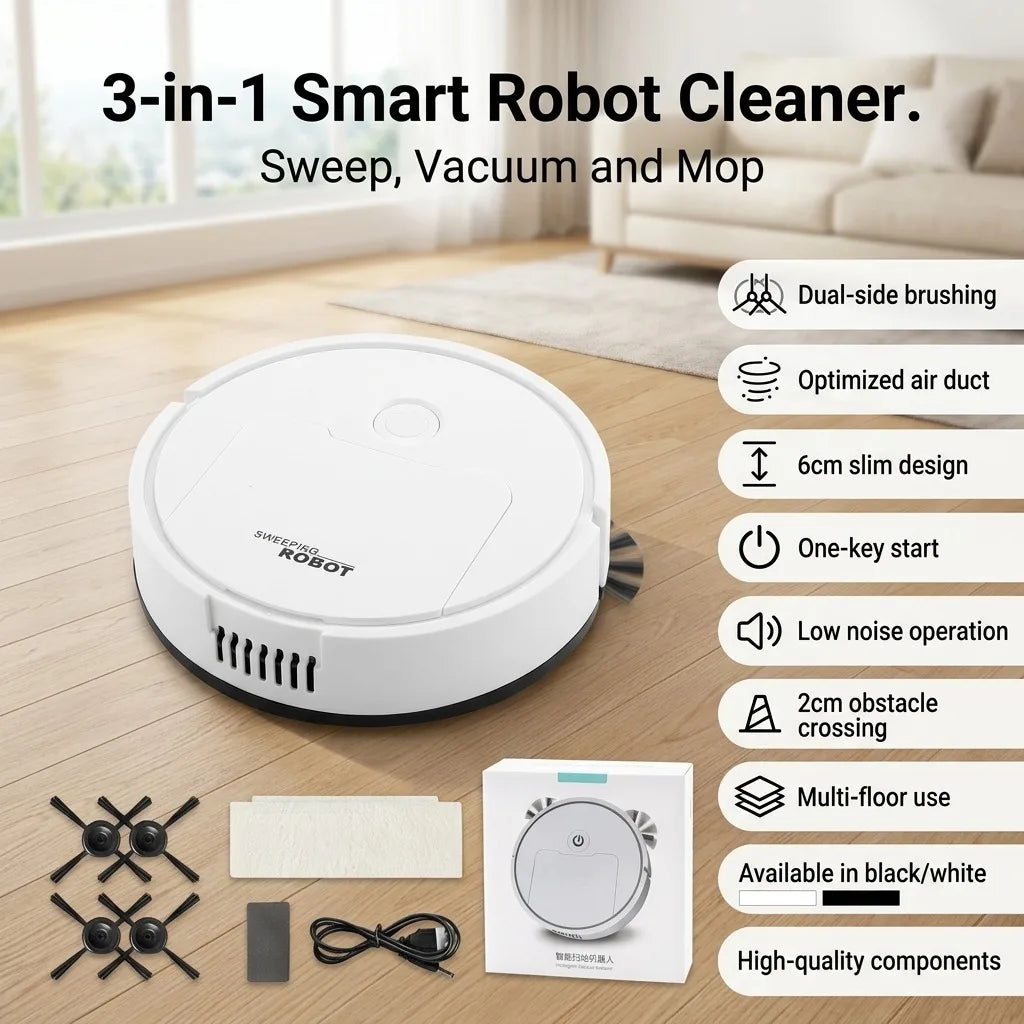 Robot Vacuum Cleaner, 3-in-1 Mini Smart Sweeping Mopping Vacuum Machine, 6cm Ultra-Thin Automatic Floor Sweeper for Pet Hair, Hardwood, Tile, Quiet One-Touch Operation, Slim Design for Under Furniture