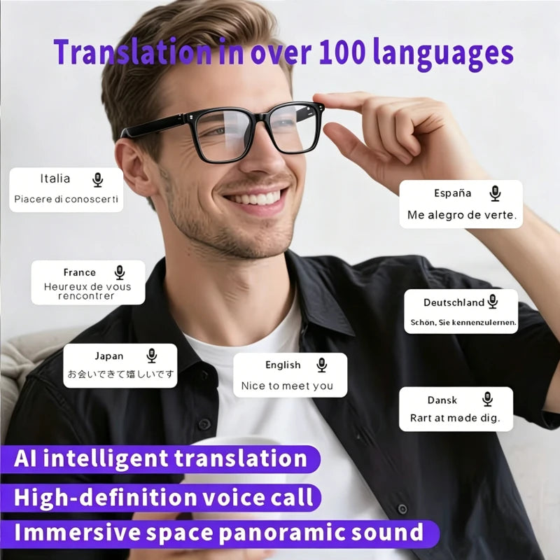 AI smart glasses with built-in translation for over 100 languages; transparent, blue-light-blocking, wireless ; magnetic clip-on ; translation controlled via an app; built-in speakers; 360 °   stereo sound