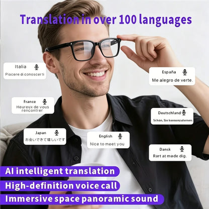AI smart glasses with built-in translation for over 100 languages; transparent, blue-light-blocking, wireless ; magnetic clip-on ; translation controlled via an app; built-in speakers; 360 °   stereo sound