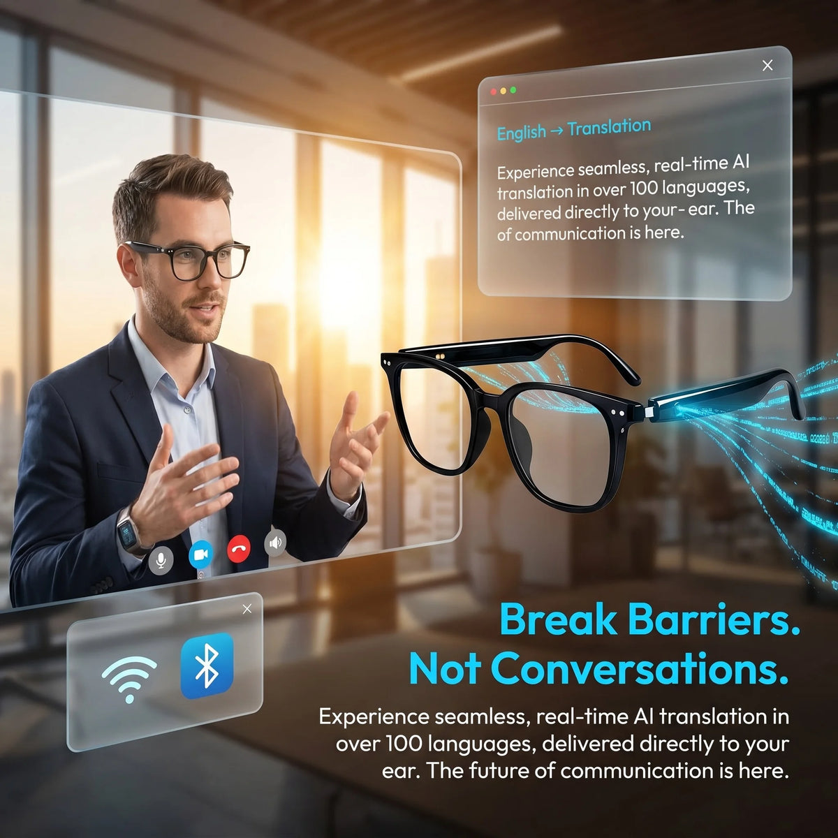 Smart AI Translation Glasses, Ultra‑Light Portable Eyewear Supporting 164 Languages, Photochromic Lenses, Open‑Ear Design for Hands‑Free Calls & Music, for Travel Sports Daily Use
