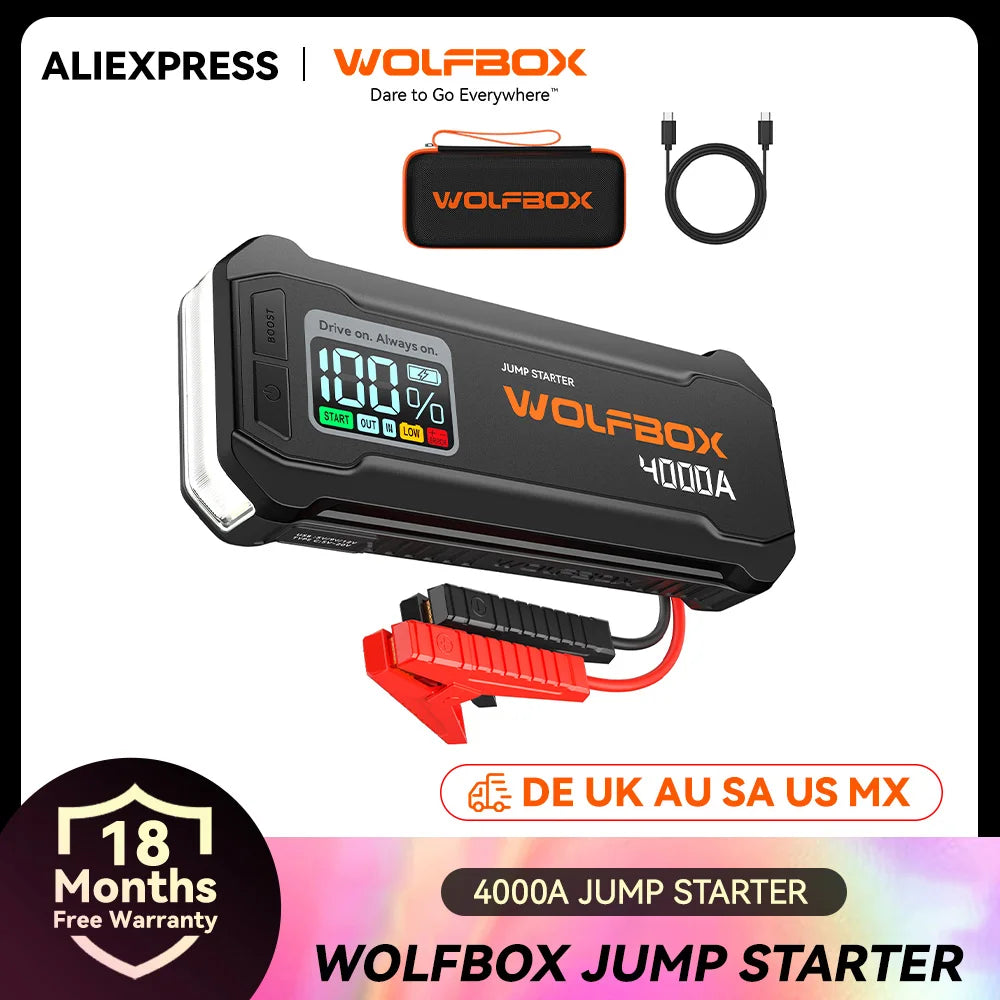 WOLFBOX JS24 4000A Portable Jump Starter Battery Pack Power Bank 24000mAh for 10L Gas 10L Diesel Engine with Booster
