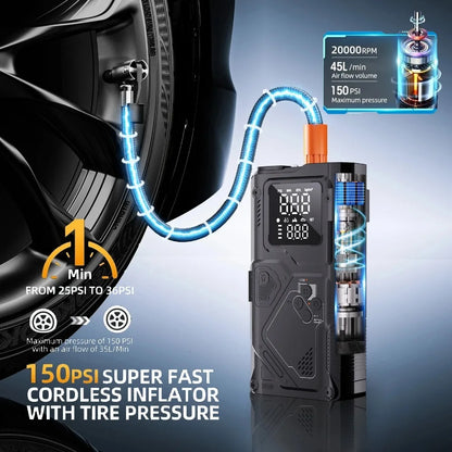 6 in 1 Jump Starter with Air Pump Peak 5000A Booster 150PSI Tire Inflator 8L Gas/4L Diesel with DC Power Cord 400LM Flashlight