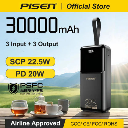 PISEN 22.5W Power Bank 30000mAh Large Capacity QC PD 3.0 Fast Charging PowerBank 20W Portable External Battery For iPhone Samsung Xiaomi Huawei Headphones
