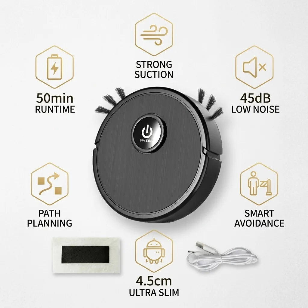 Robot Vacuum Cleaner 3-in-1 Sweeping Mopping Suction, 4.5cm Ultra-Slim Robotic Vacuum with 45dB Low Noise, Smart Obstacle Avoidance, USB Rechargeable Floor Cleaner for Hardwood Floor, Pet Hair, Home Gift