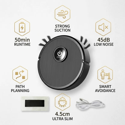 Robot Vacuum Cleaner 3-in-1 Sweeping Mopping Suction, 4.5cm Ultra-Slim Robotic Vacuum with 45dB Low Noise, Smart Obstacle Avoidance, USB Rechargeable Floor Cleaner for Hardwood Floor, Pet Hair, Home Gift