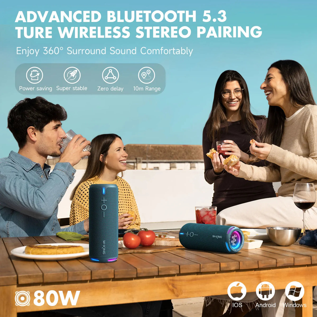 W-KING D320 Blue Bluetooth Speaker 40W Portable Wireless IP67 Waterproof Bluetooth 5.3 Deep Bass 24H Playtime Stereo Speaker